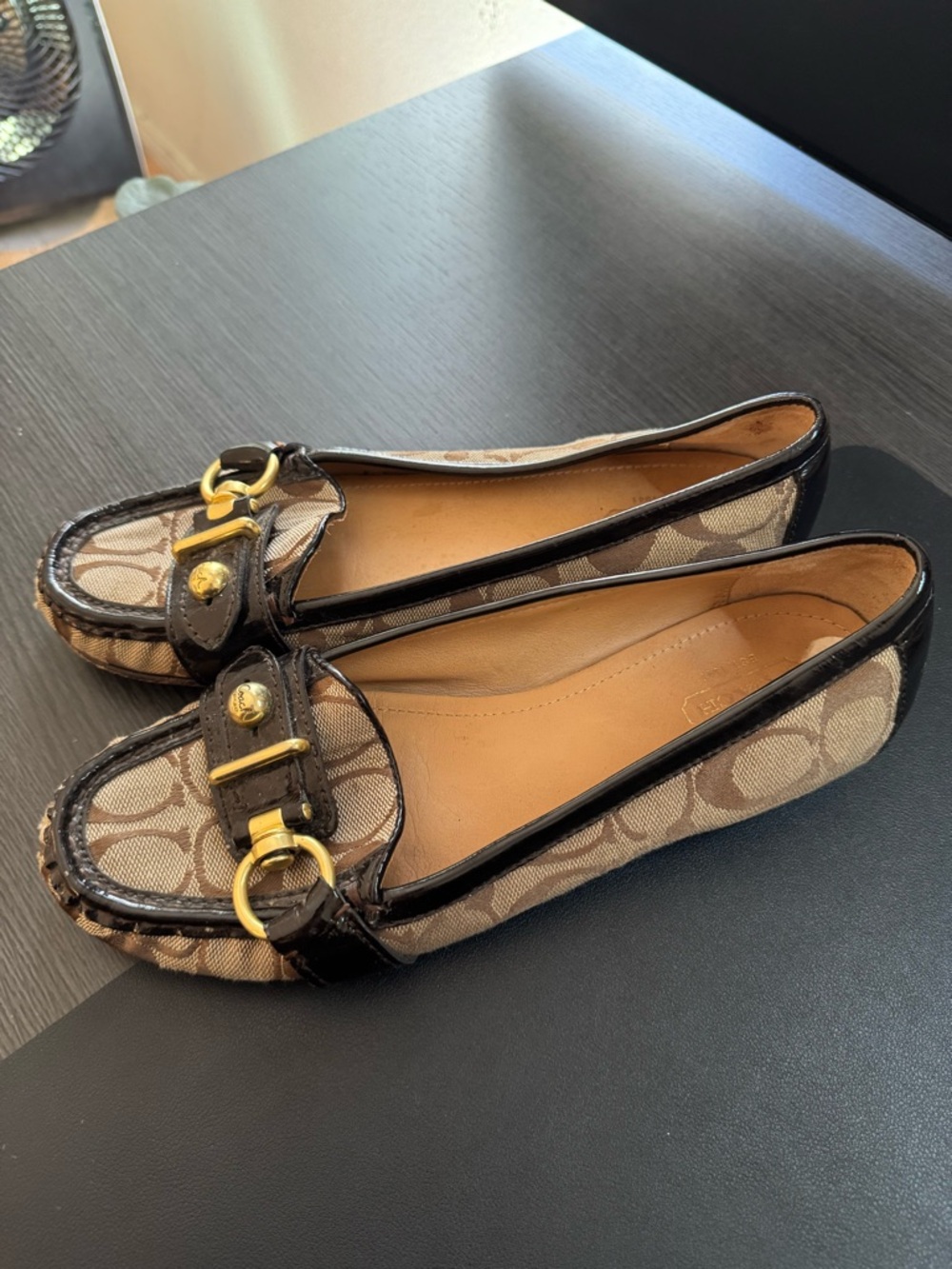 Coach Brown Signature Canvas Flats with Gold Buckle - Picture 4 of 6
